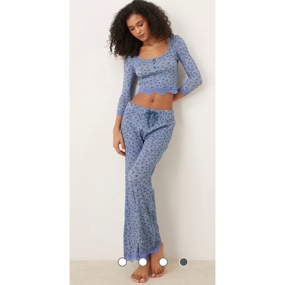 NWT Intimately Free People Stolen Dance Blue Floral Lace Trim Pajama Set XL